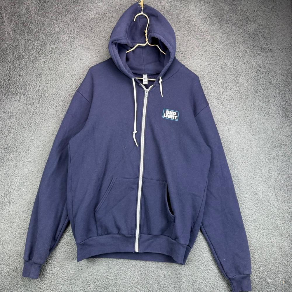 American Apparel Bud Light Zip Up Hoodie Navy Blue Mens XL Flex Fleece F497